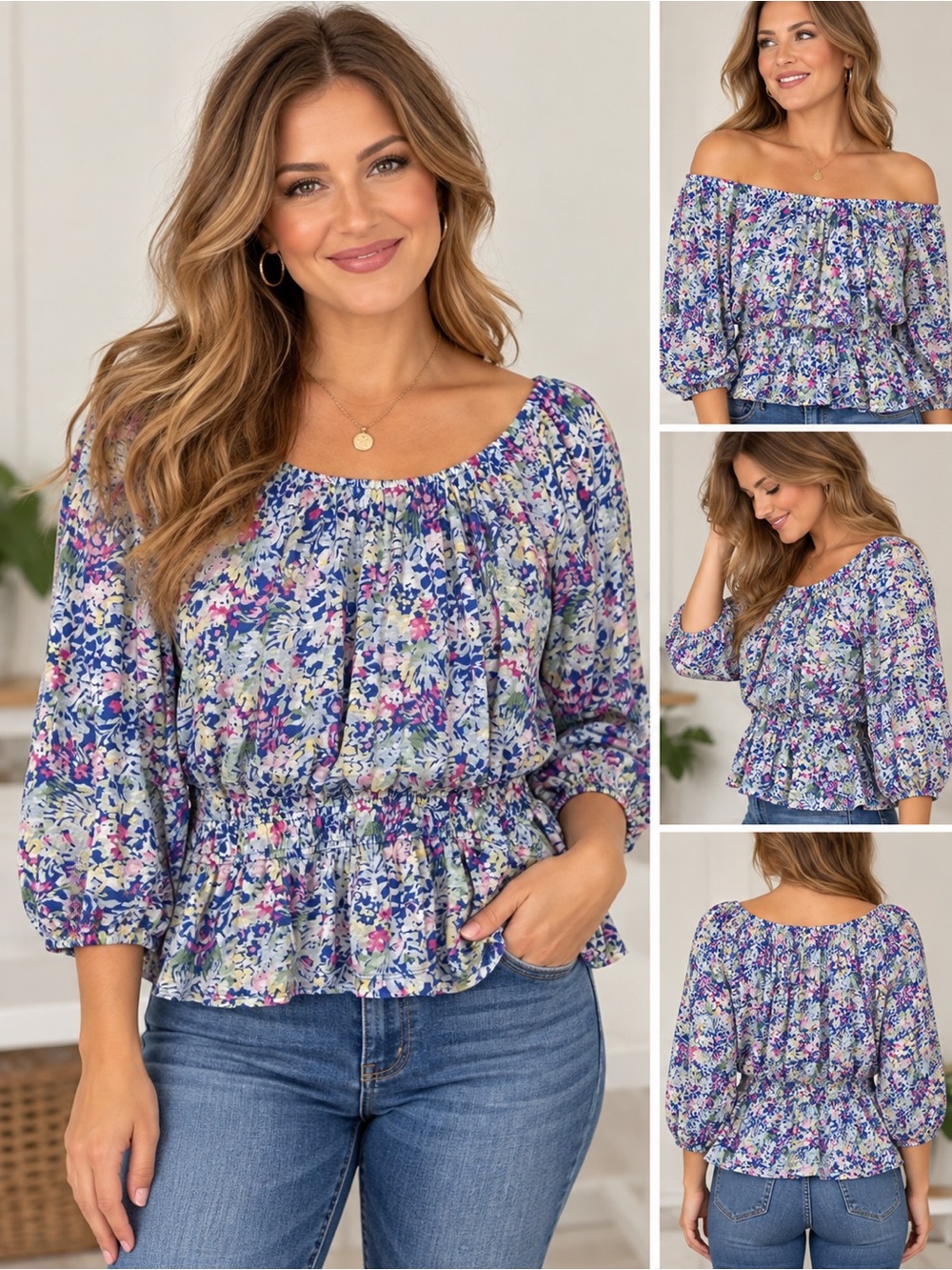 Wonderly Women’s Large Floral Off Shoulder Peasant Blouse Smocked Peplum Boho